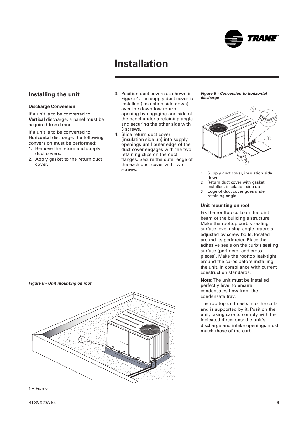 Installing the unit, Installation | Trane Voyager 1 Rooftop Unit TSD User Manual | Page 9 / 68