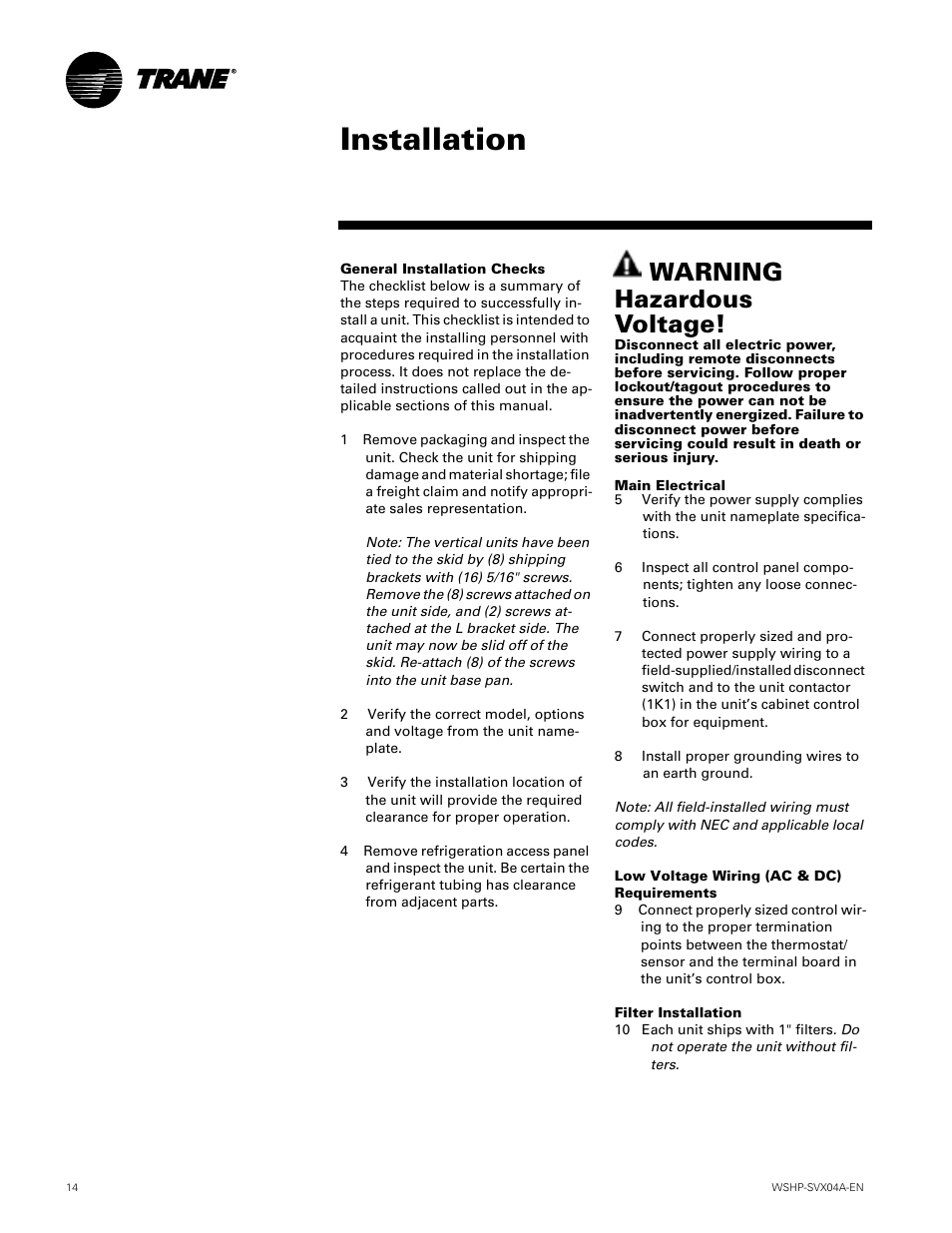 Installation instructions, Installation, Warning hazardous voltage | Trane WPVJ User Manual | Page 14 / 39