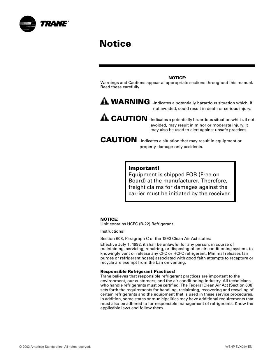 Notice, Warning, Caution | Trane WPVJ User Manual | Page 2 / 39