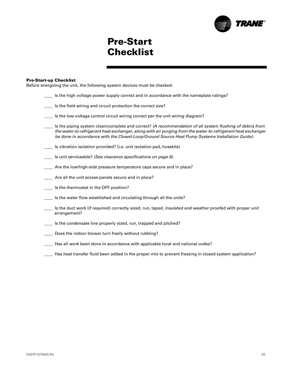 Pre-startup checklist, Pre-start checklist | Trane WPVJ User Manual | Page 25 / 39