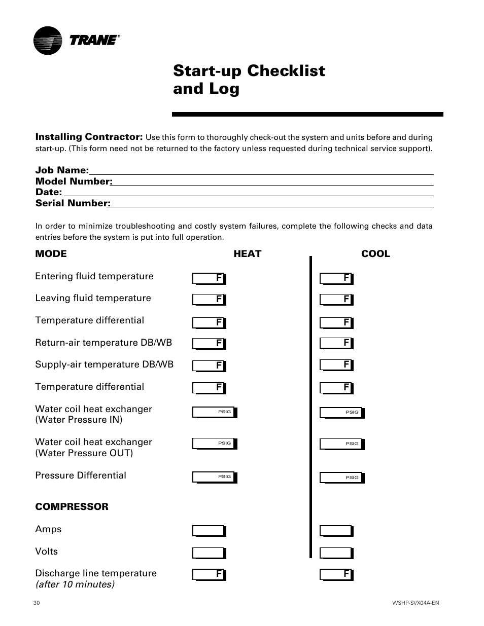 Start-up checklist and log | Trane WPVJ User Manual | Page 30 / 39