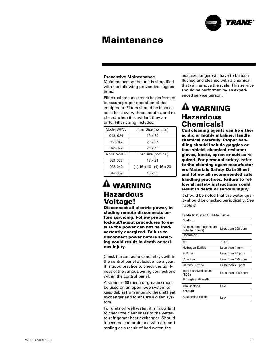 Maintenance, Warning hazardous voltage, Warning hazardous chemicals | Trane WPVJ User Manual | Page 31 / 39