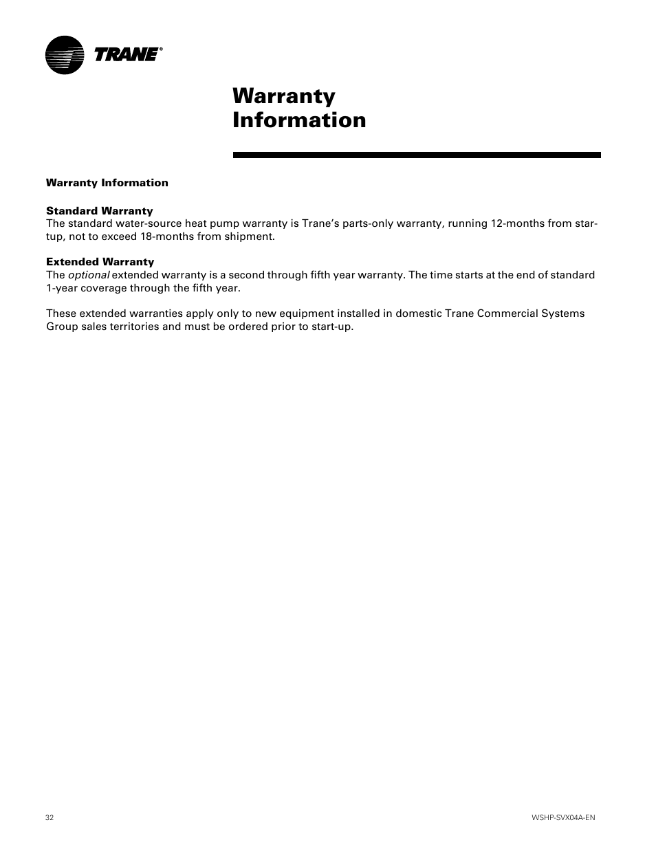 Warranty information | Trane WPVJ User Manual | Page 32 / 39