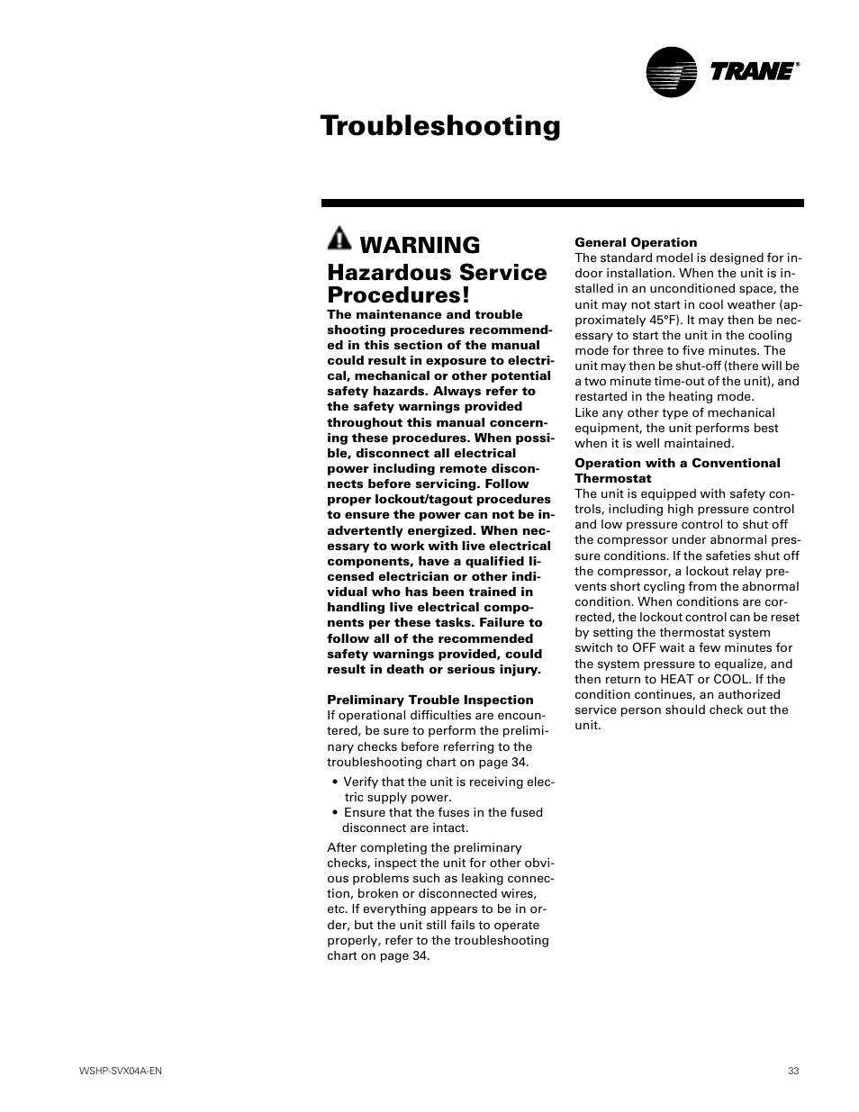 Troubleshooting, Warning hazardous service procedures | Trane WPVJ User Manual | Page 33 / 39