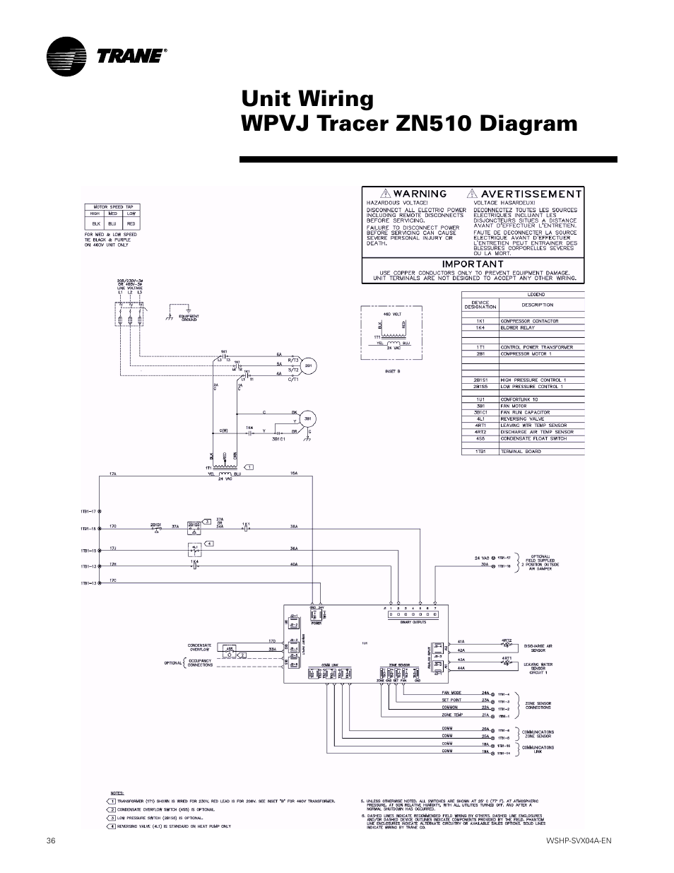 Unit wiring wpvj tracer zn510 diagram | Trane WPVJ User Manual | Page 36 / 39