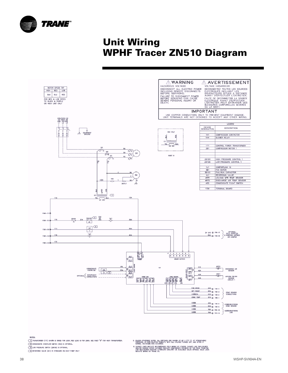Unit wiring wphf tracer zn510 diagram | Trane WPVJ User Manual | Page 38 / 39