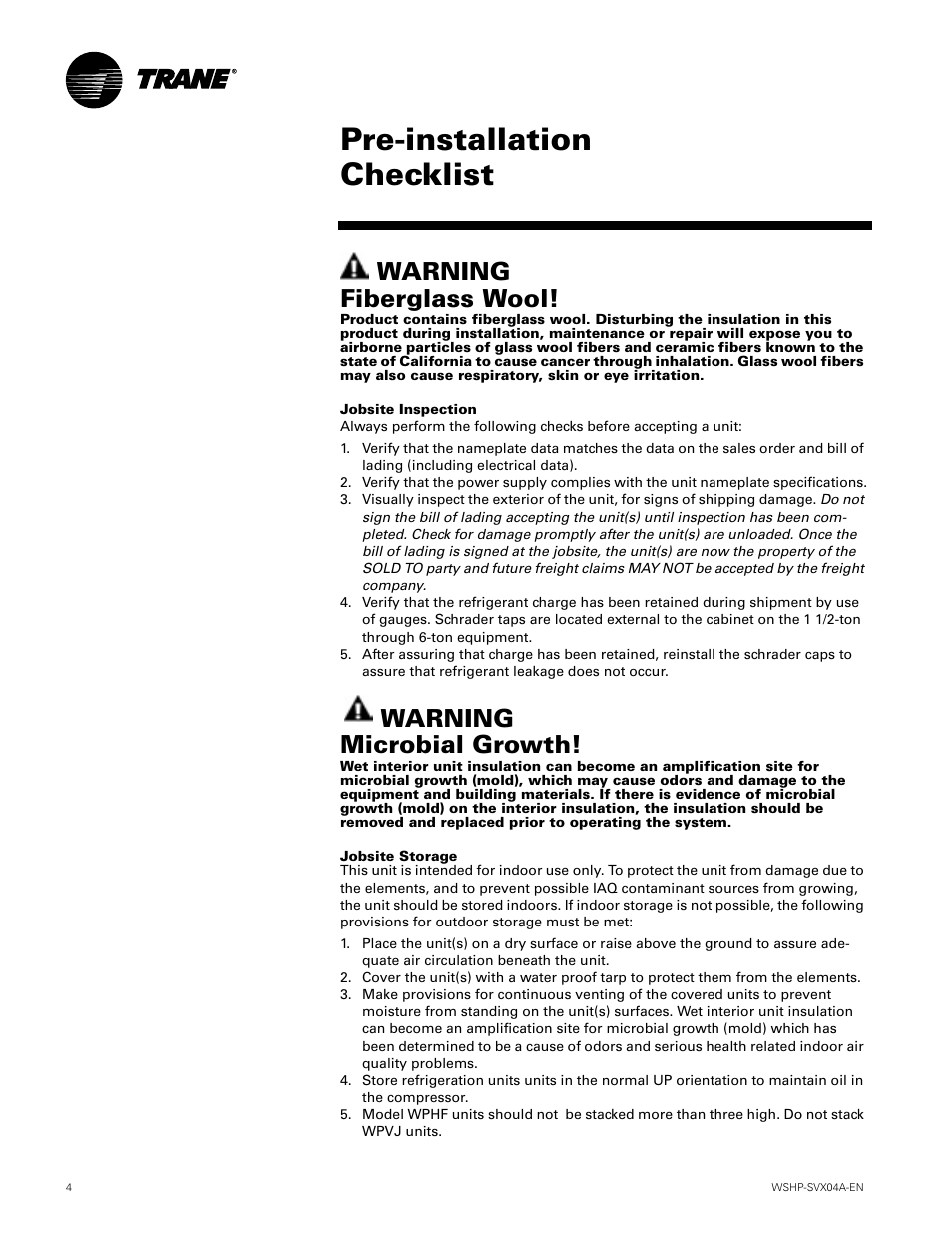 Pre-installation checklis, Pre-installation checklist, Warning fiberglass wool | Warning microbial growth | Trane WPVJ User Manual | Page 4 / 39