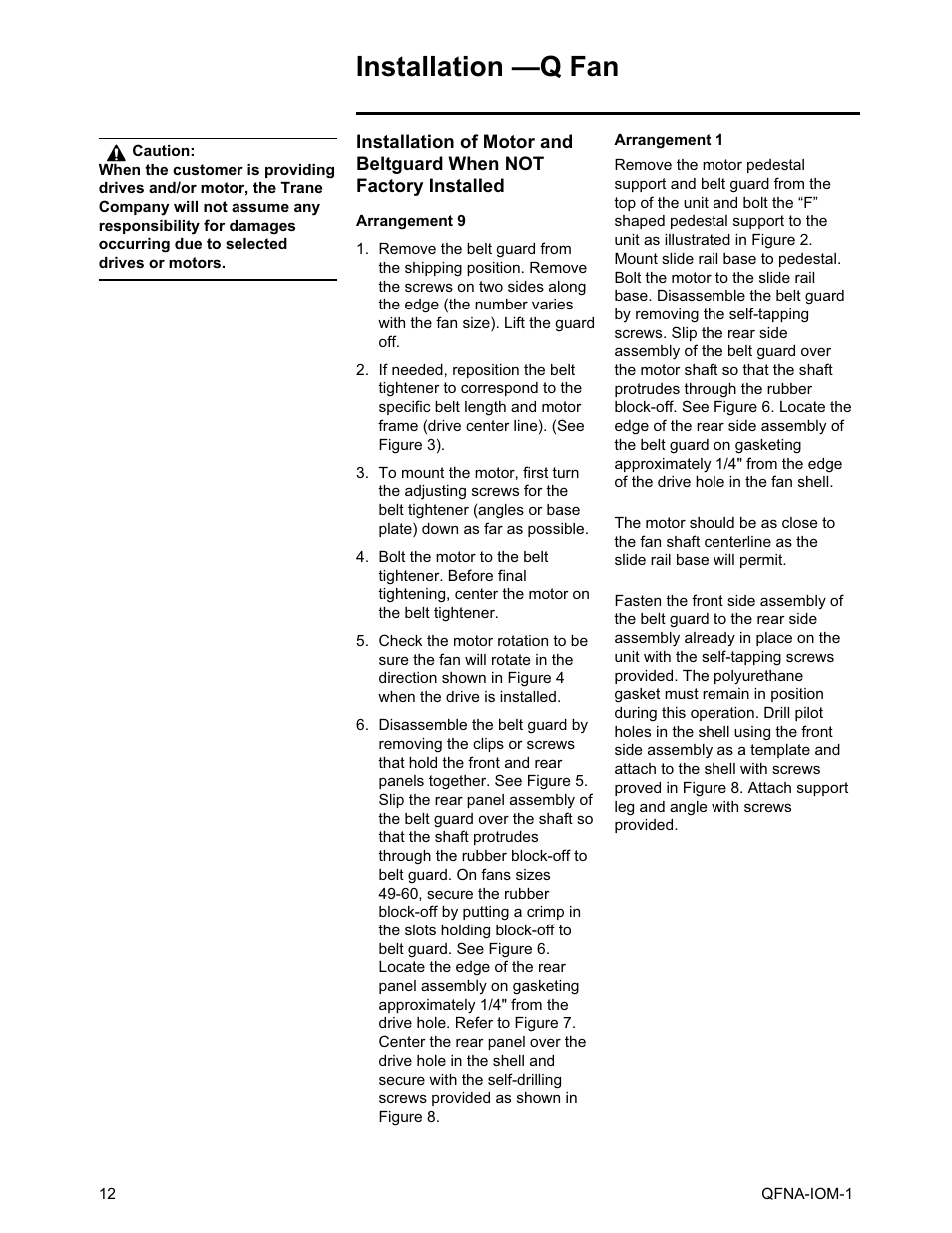 Arrangement 9 arrangement 1, Installation —q fan | Trane QFNA-IOM-1 User Manual | Page 12 / 30