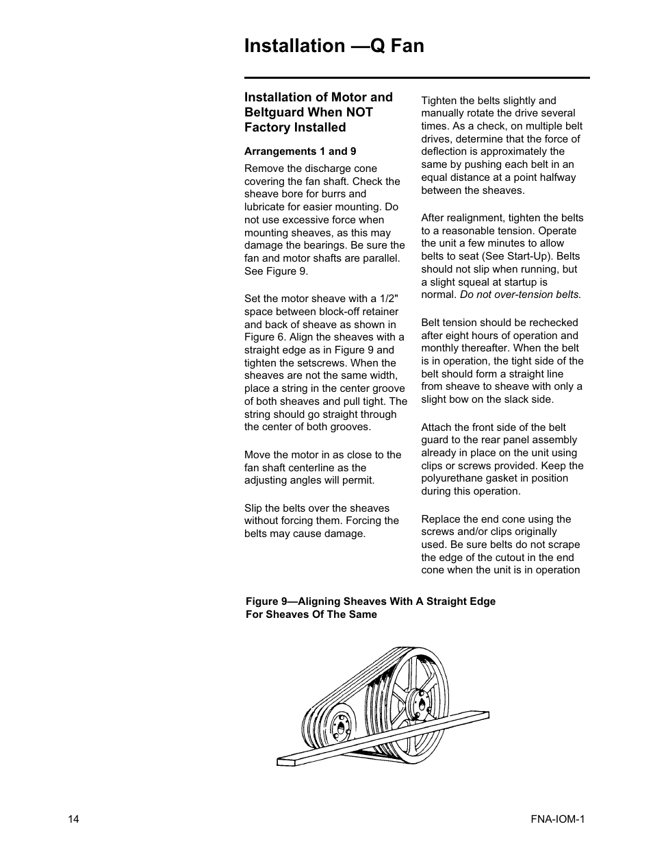 Arrangements 1 and 9, Installation —q fan | Trane QFNA-IOM-1 User Manual | Page 14 / 30