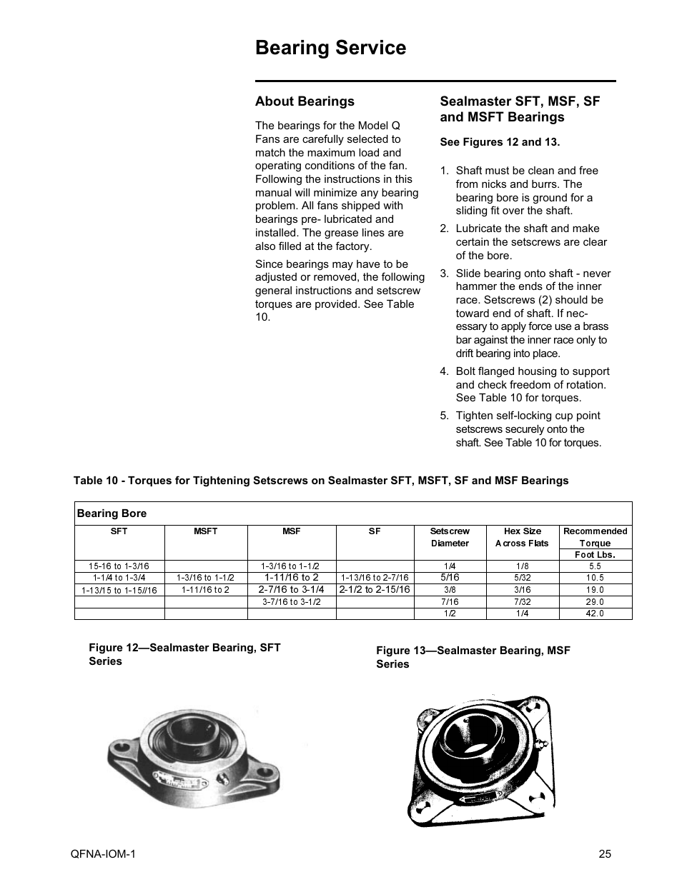 Bearing service, About bearings, Sealmaster sft, msf, sf and msft bearings | Trane QFNA-IOM-1 User Manual | Page 25 / 30