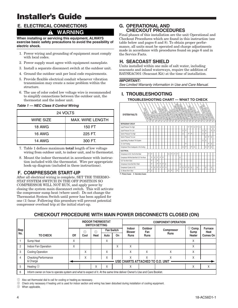 E. electrical connections, F. compressor start-up, G. operational and checkout procedures | H. seacoast shield, I. troubleshooting, Installer’s guide, Warning, Ac56d1-1, Use charts attached to o.d. unit, Troubleshooting chart — what to check | Trane 2TTB3 User Manual | Page 4 / 8