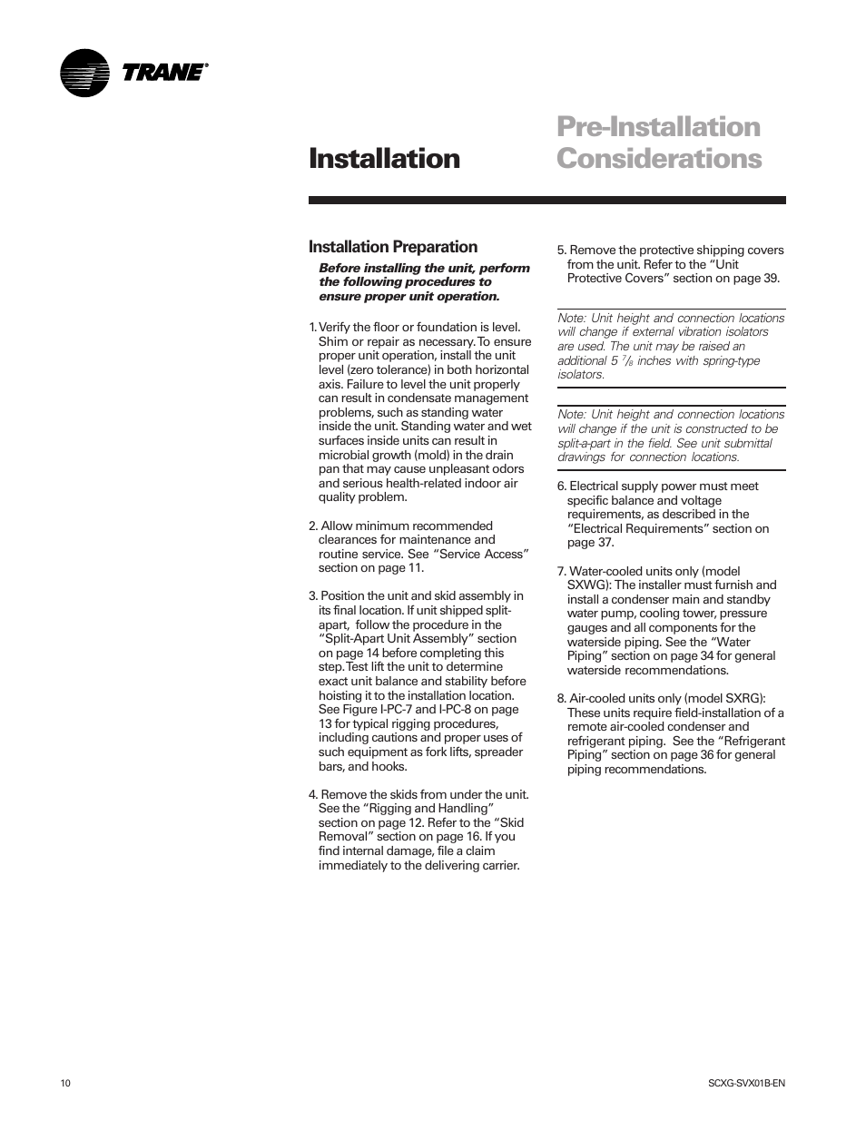 Installation pre-installation considerations | Trane IntelliPak SCWG 020 User Manual | Page 10 / 124