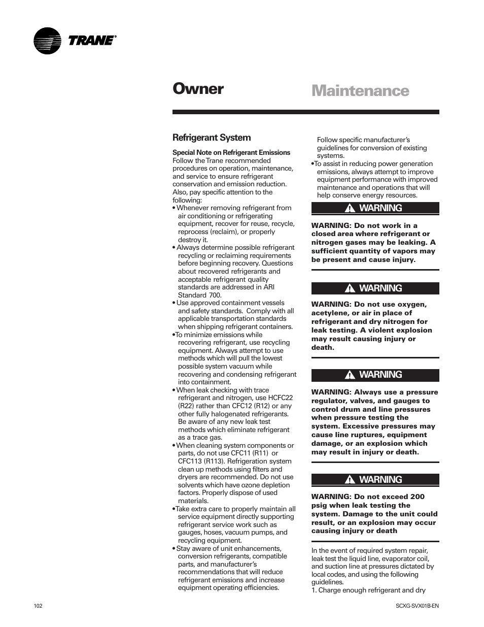 Owner, Maintenance | Trane IntelliPak SCWG 020 User Manual | Page 102 / 124