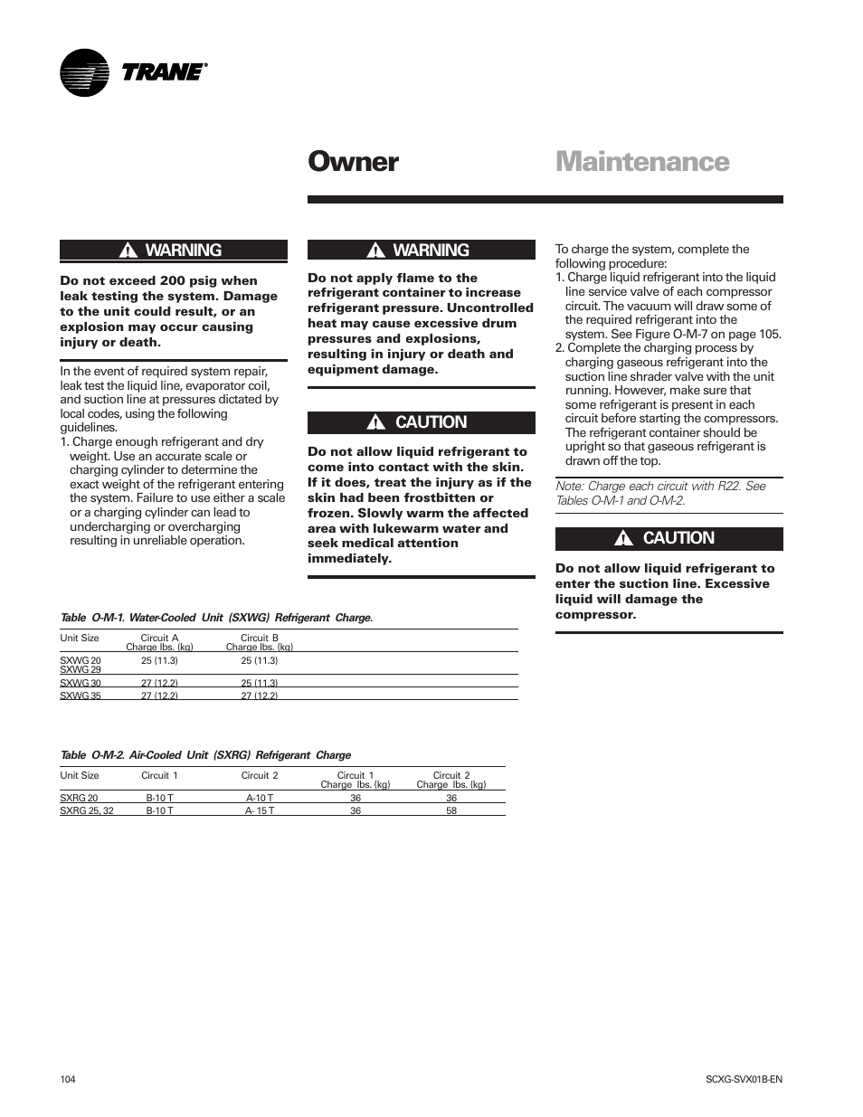 Owner maintenance, Ƽwarning, Ƽcaution | Trane IntelliPak SCWG 020 User Manual | Page 104 / 124