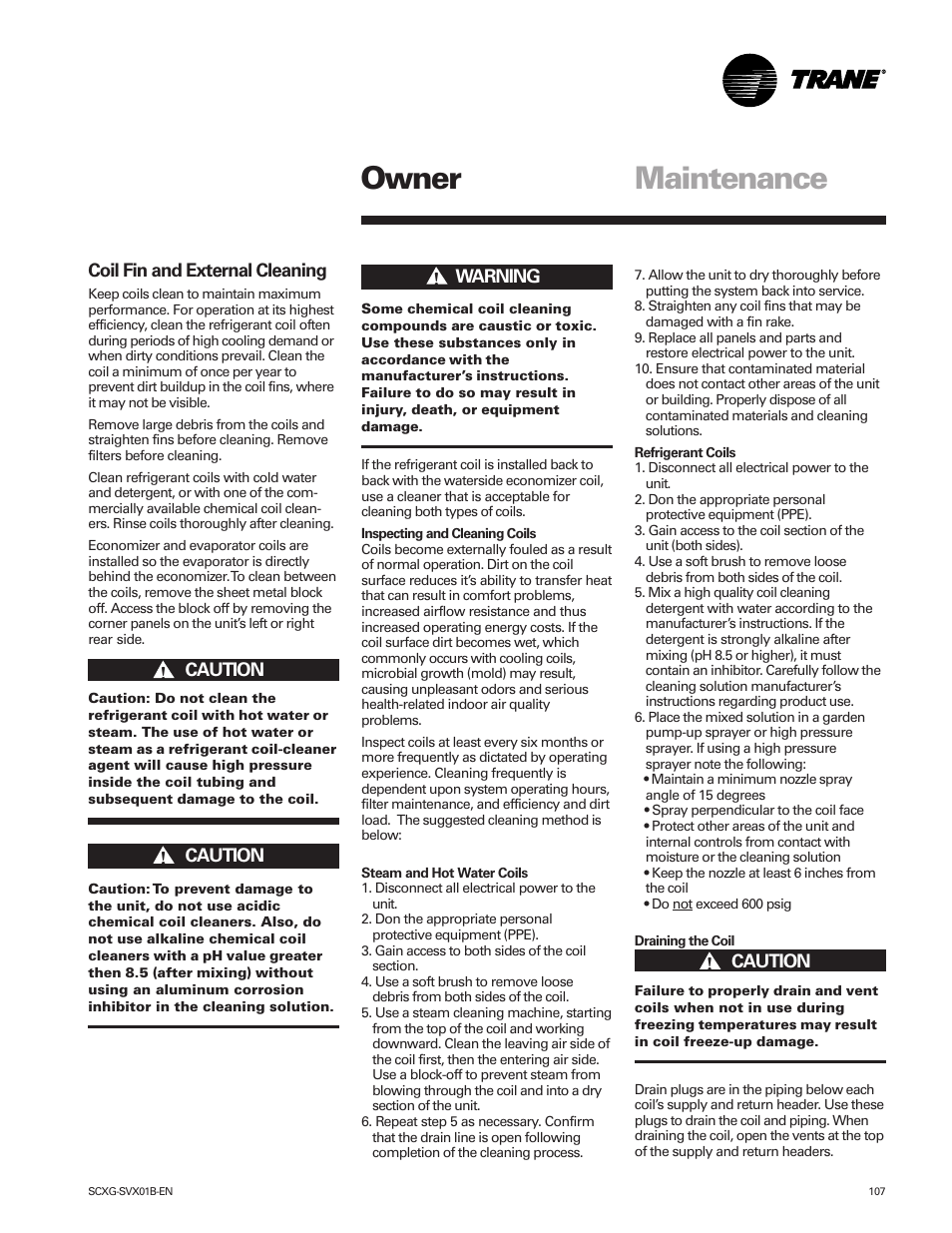 Maintenance, Owner | Trane IntelliPak SCWG 020 User Manual | Page 107 / 124