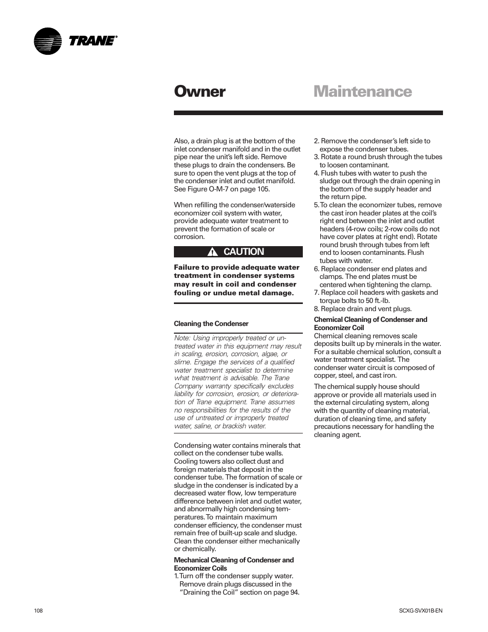 Maintenance, Owner | Trane IntelliPak SCWG 020 User Manual | Page 108 / 124