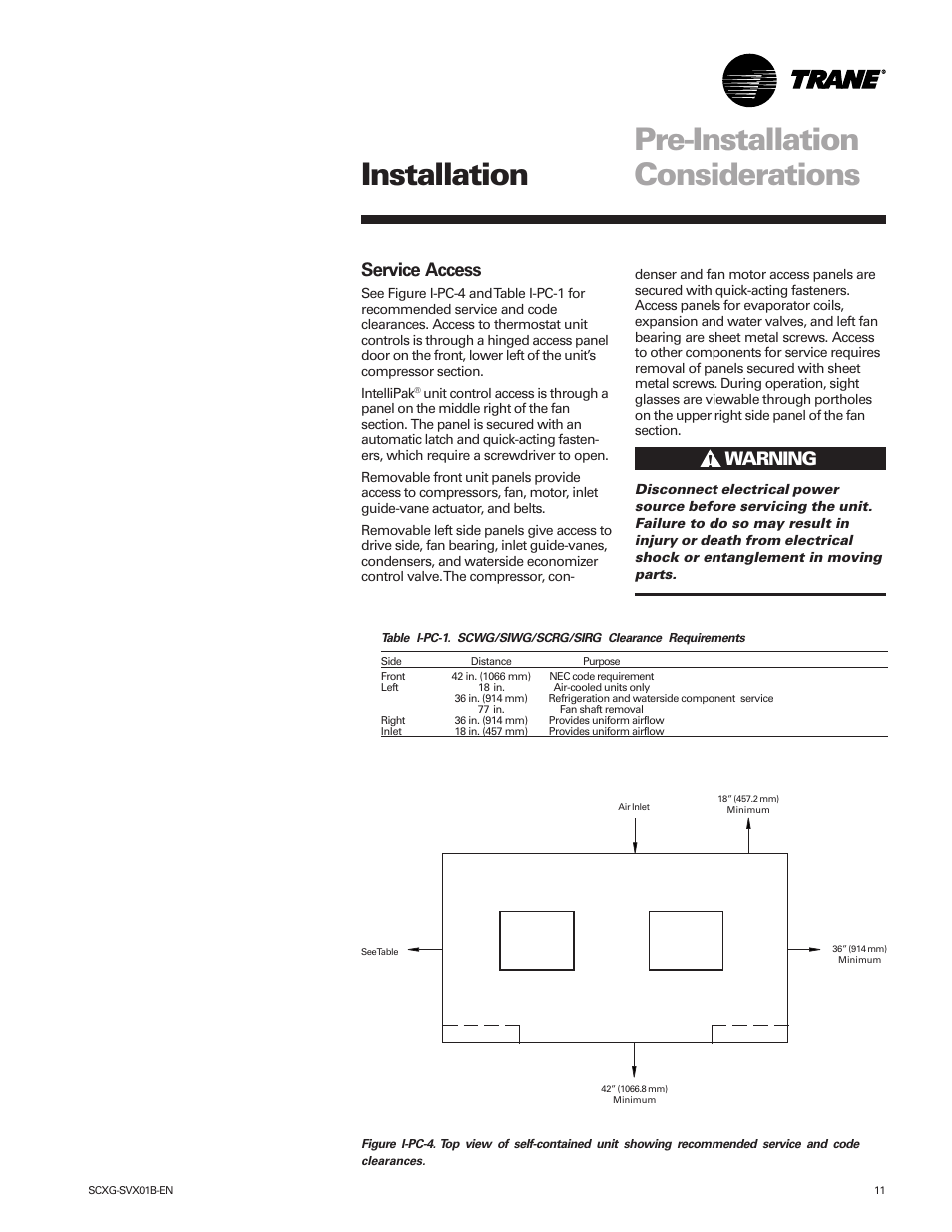 Pre-installation considerations installation, Service access, Ƽwarning | Trane IntelliPak SCWG 020 User Manual | Page 11 / 124