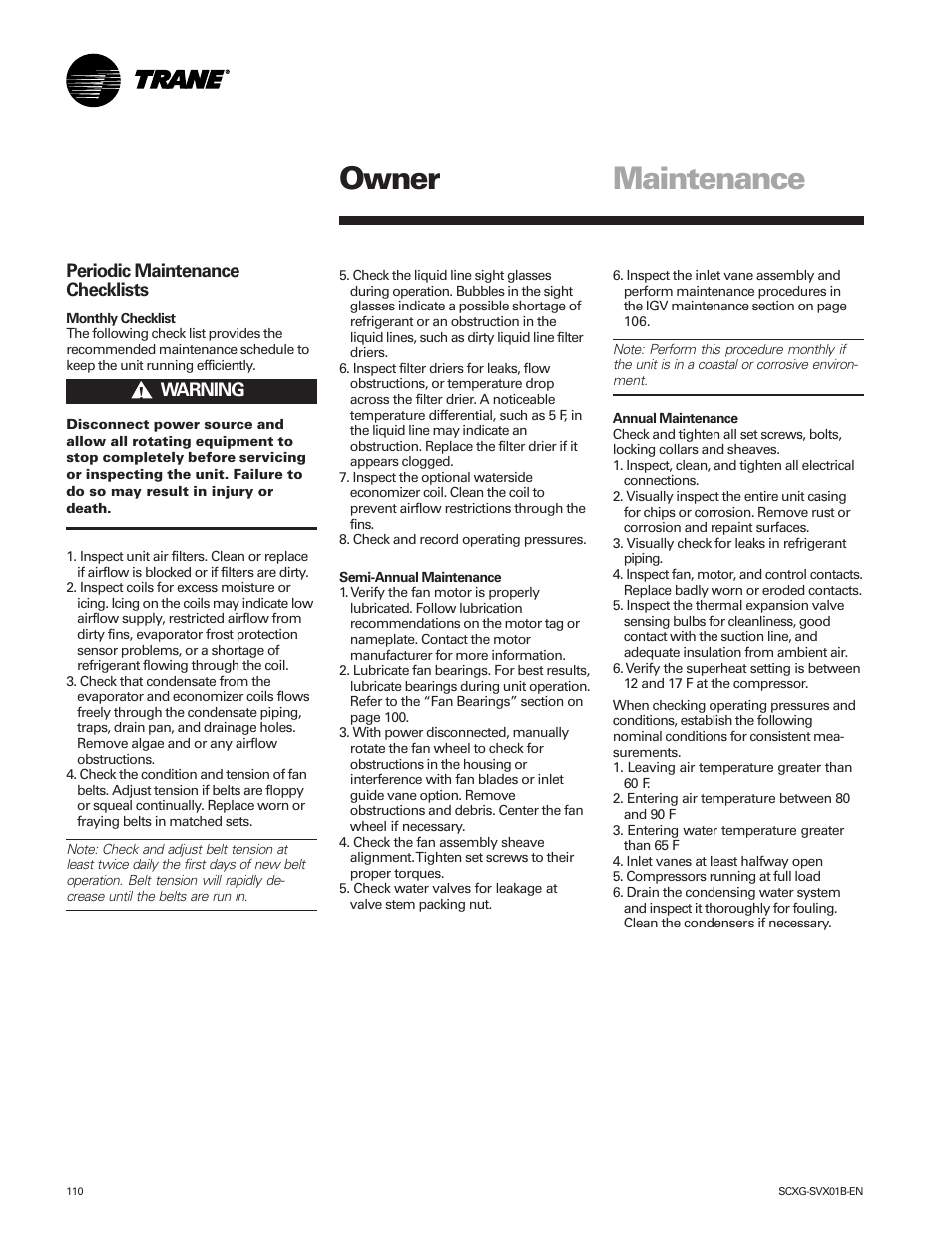 Maintenance, Owner | Trane IntelliPak SCWG 020 User Manual | Page 110 / 124