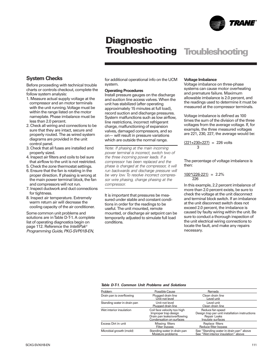 Diagnostic troubleshooting, Troubleshooting, System checks | Trane IntelliPak SCWG 020 User Manual | Page 111 / 124