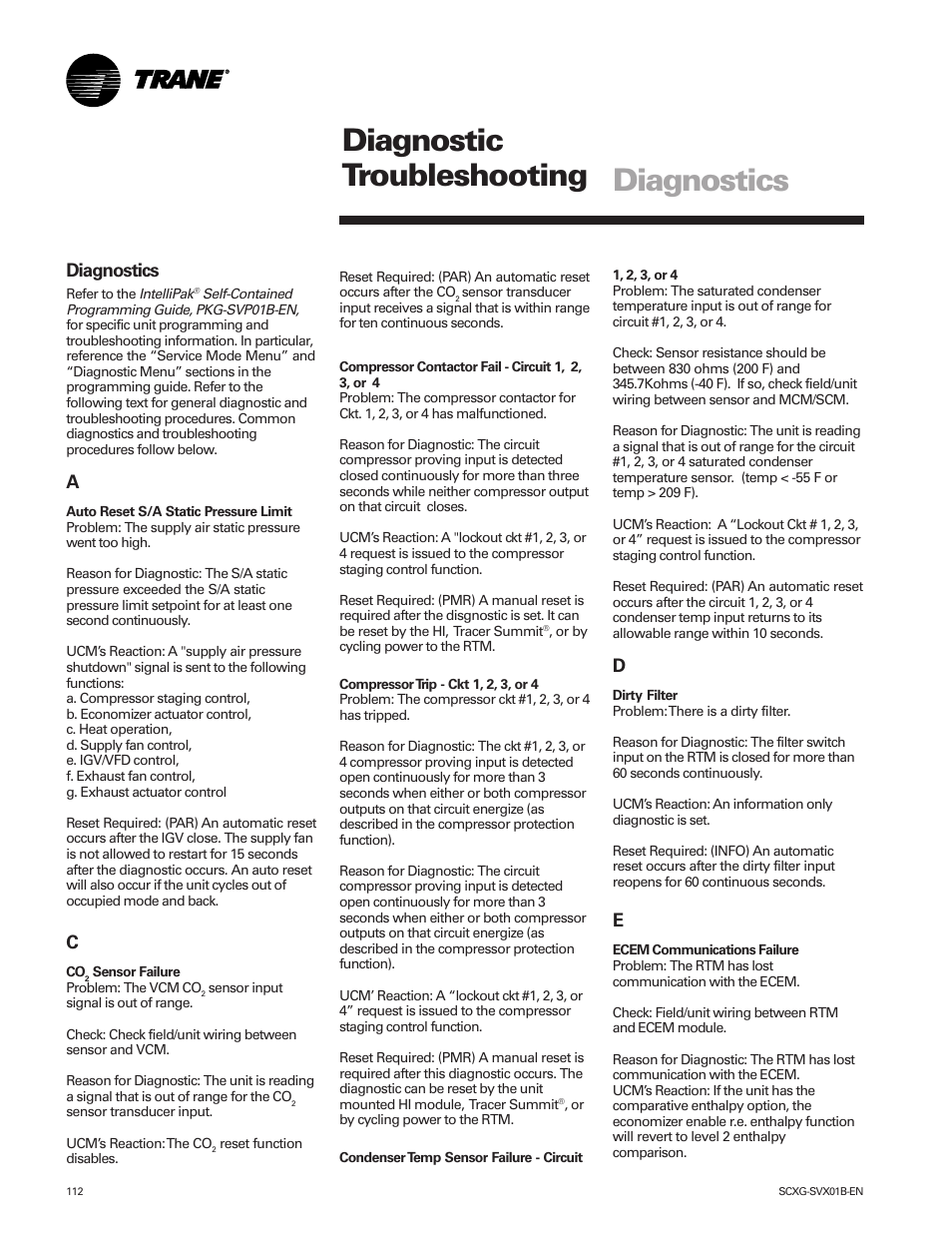 Diagnostics, Diagnostic troubleshooting | Trane IntelliPak SCWG 020 User Manual | Page 112 / 124