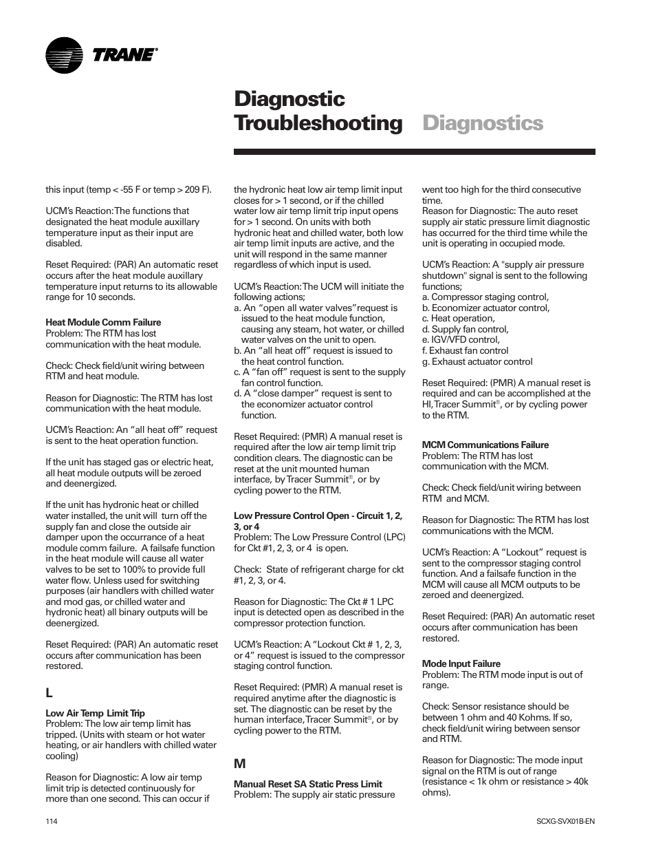 Diagnostic troubleshooting diagnostics | Trane IntelliPak SCWG 020 User Manual | Page 114 / 124