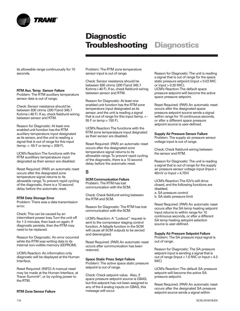 Diagnostic troubleshooting diagnostics | Trane IntelliPak SCWG 020 User Manual | Page 116 / 124