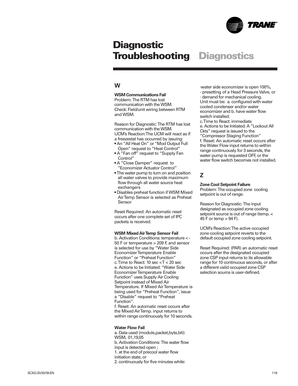 Diagnostic troubleshooting diagnostics | Trane IntelliPak SCWG 020 User Manual | Page 119 / 124