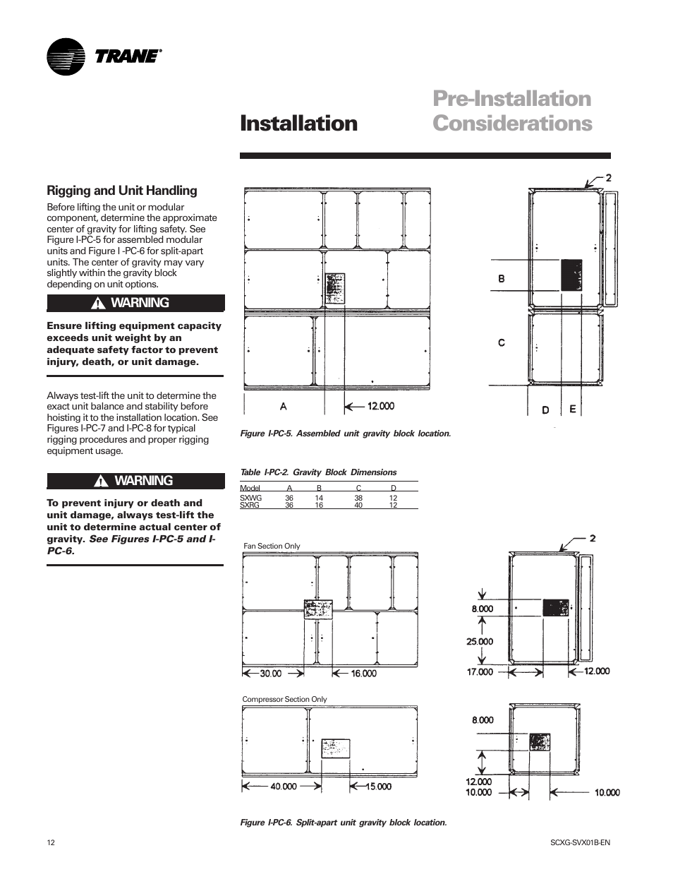 Pre-installation considerations installation, Rigging and unit handling, Warning | Ƽwarning | Trane IntelliPak SCWG 020 User Manual | Page 12 / 124