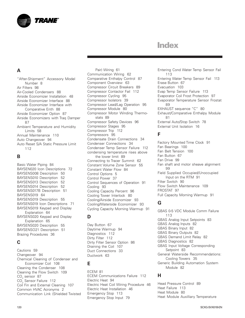 Index | Trane IntelliPak SCWG 020 User Manual | Page 120 / 124
