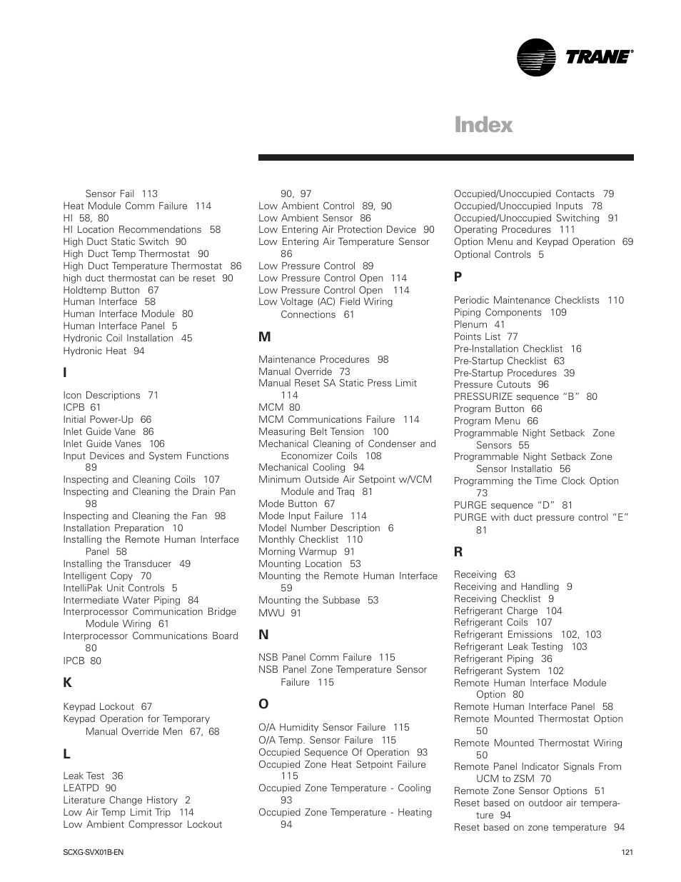 Index | Trane IntelliPak SCWG 020 User Manual | Page 121 / 124