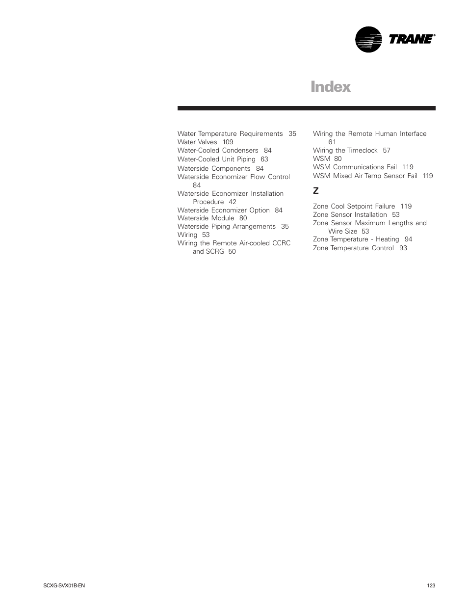 Index | Trane IntelliPak SCWG 020 User Manual | Page 123 / 124