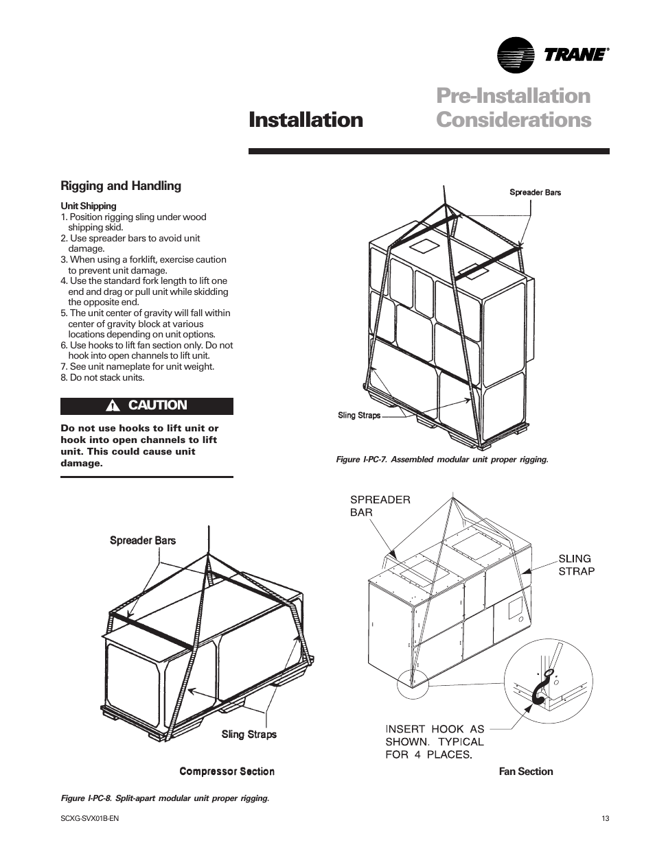 Pre-installation considerations, Installation | Trane IntelliPak SCWG 020 User Manual | Page 13 / 124