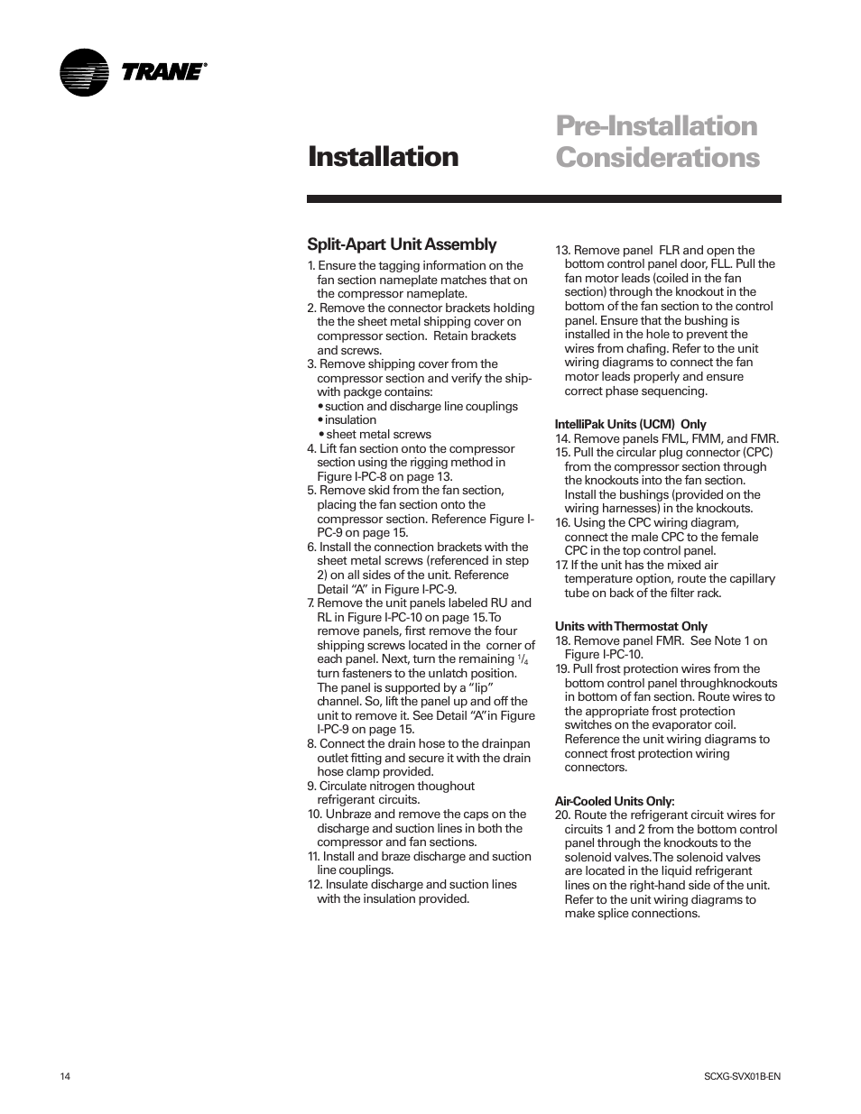 Pre-installation considerations installation, Split-apart unit assembly | Trane IntelliPak SCWG 020 User Manual | Page 14 / 124