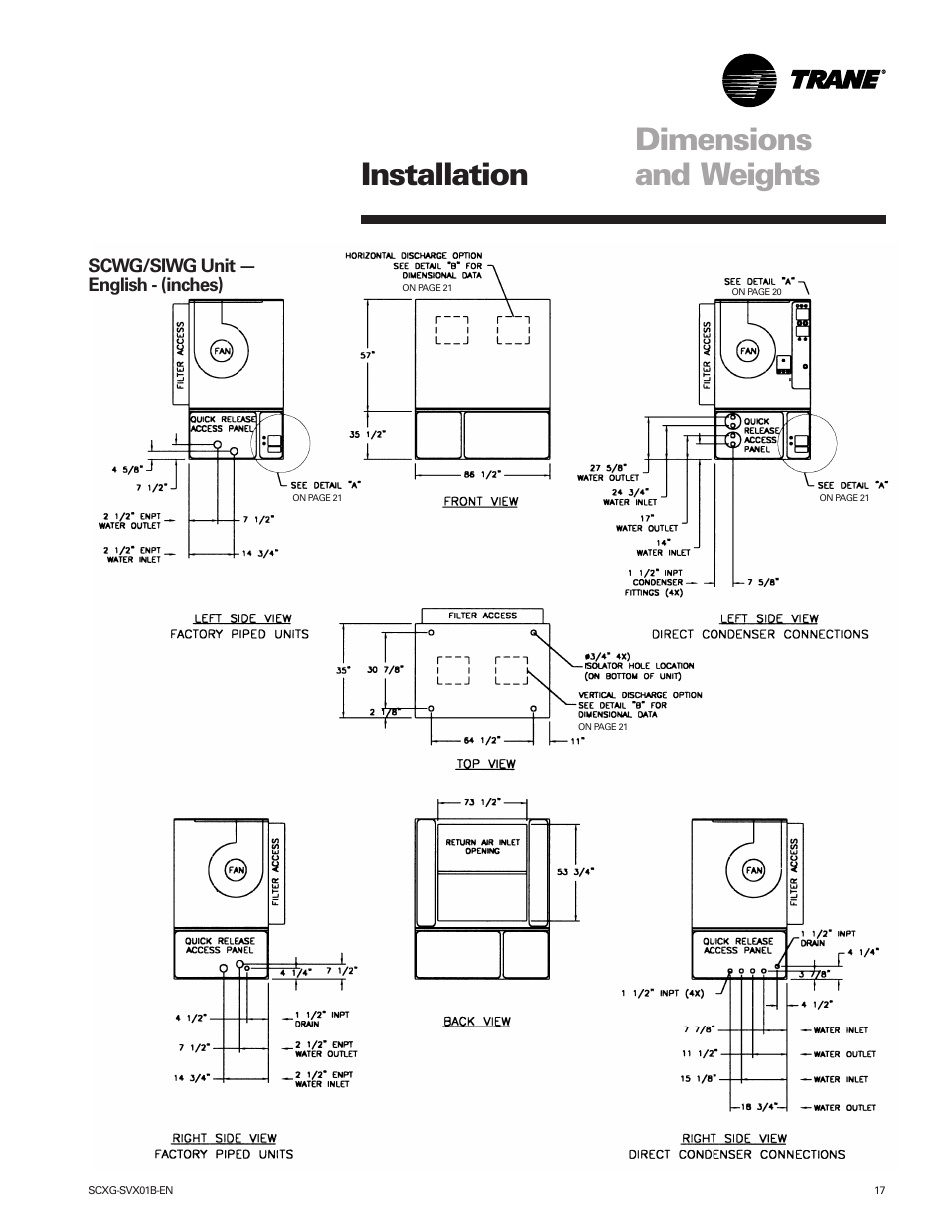 Dimensions/weights, Dimensions and weights installation, Scwg/siwg unit — english - (inches) | Trane IntelliPak SCWG 020 User Manual | Page 17 / 124