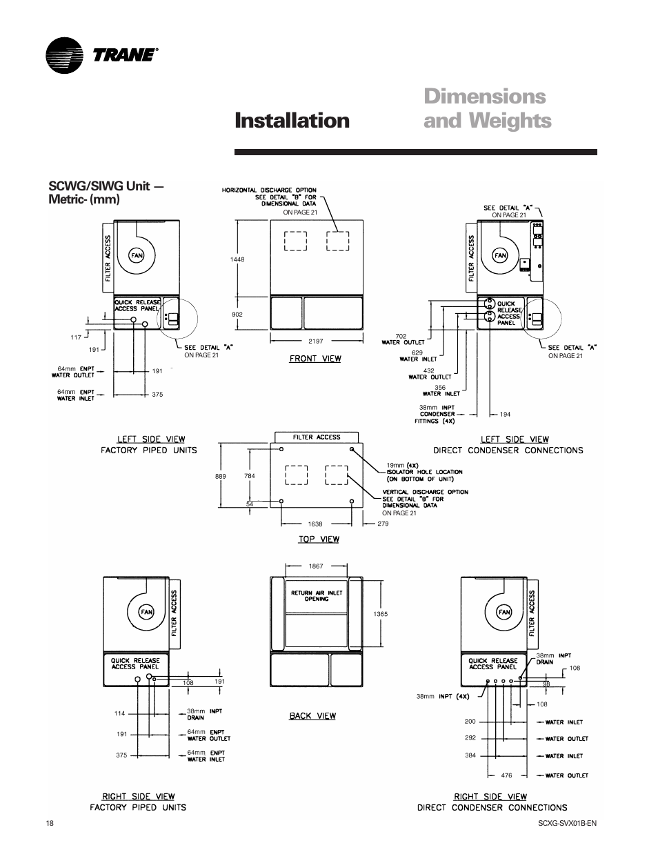 Dimensions and weights installation, Scwg/siwg unit — metric- (mm) | Trane IntelliPak SCWG 020 User Manual | Page 18 / 124