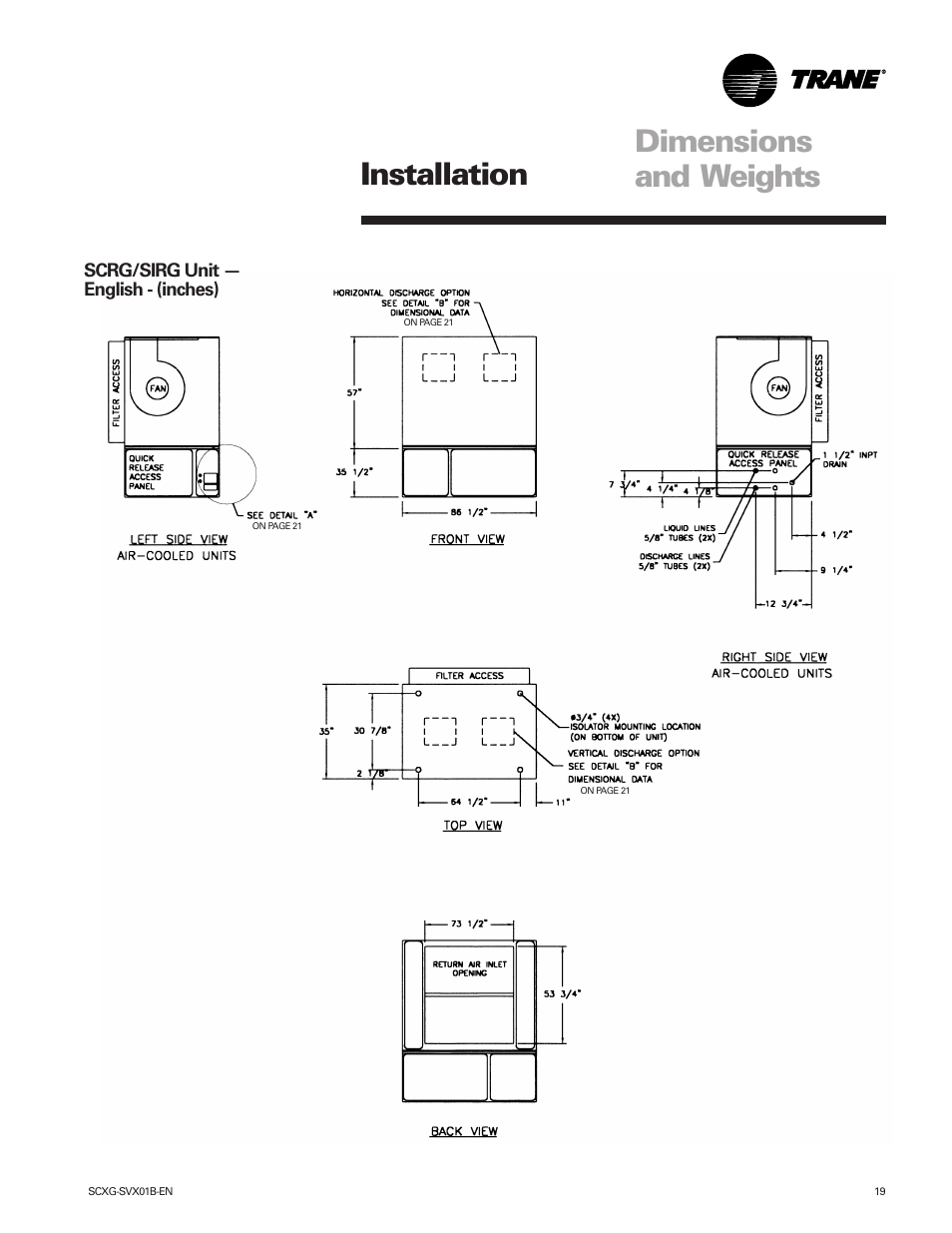 Dimensions and weights installation | Trane IntelliPak SCWG 020 User Manual | Page 19 / 124