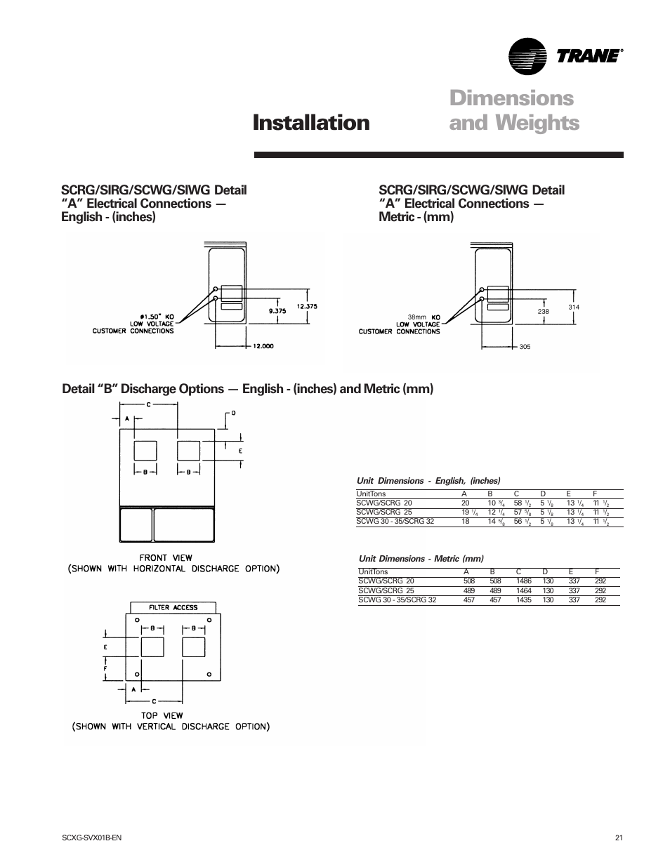 Dimensions and weights installation | Trane IntelliPak SCWG 020 User Manual | Page 21 / 124