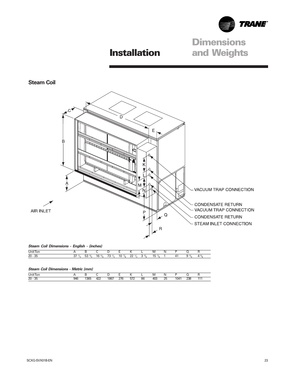 Dimensions and weights installation, Steam coil | Trane IntelliPak SCWG 020 User Manual | Page 23 / 124