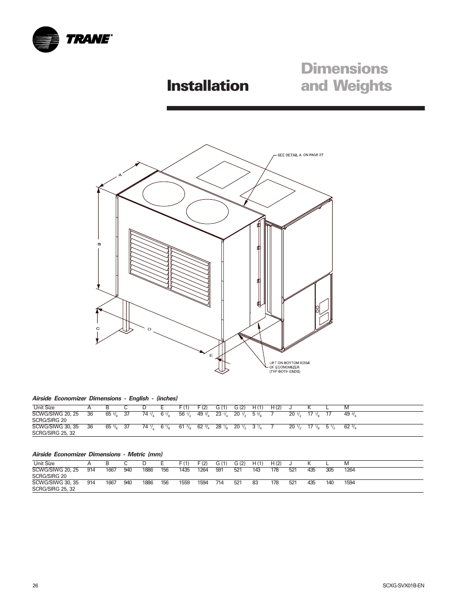 Dimensions and weights installation | Trane IntelliPak SCWG 020 User Manual | Page 26 / 124