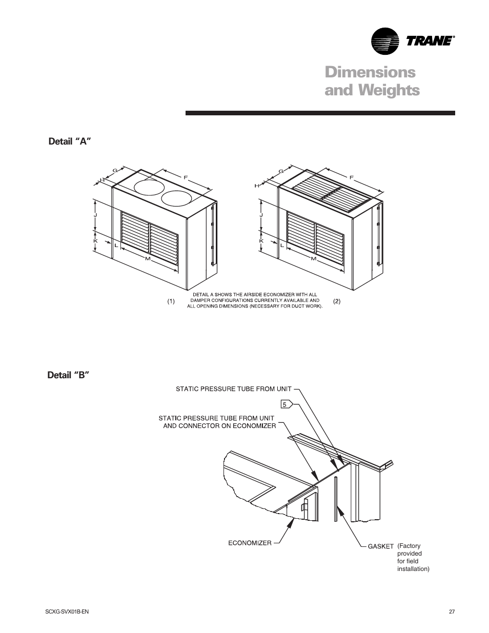 Dimensions and weights | Trane IntelliPak SCWG 020 User Manual | Page 27 / 124
