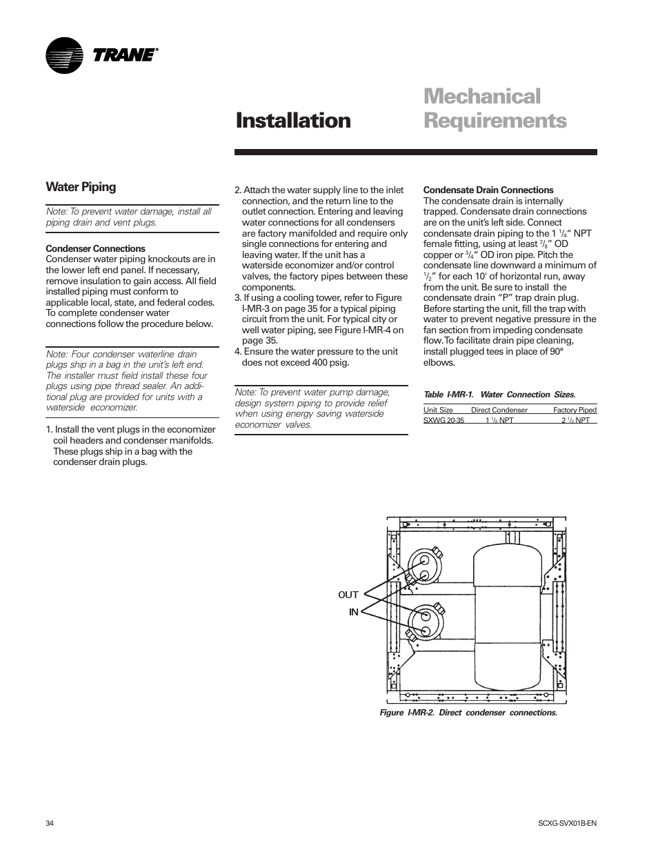 Mechanical requirements, Installation, Water piping | Trane IntelliPak SCWG 020 User Manual | Page 34 / 124