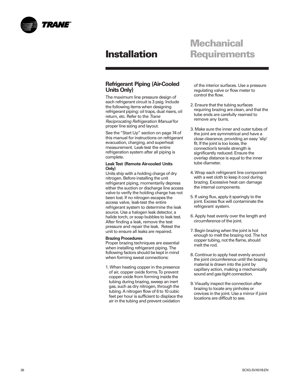 Mechanical requirements installation | Trane IntelliPak SCWG 020 User Manual | Page 36 / 124