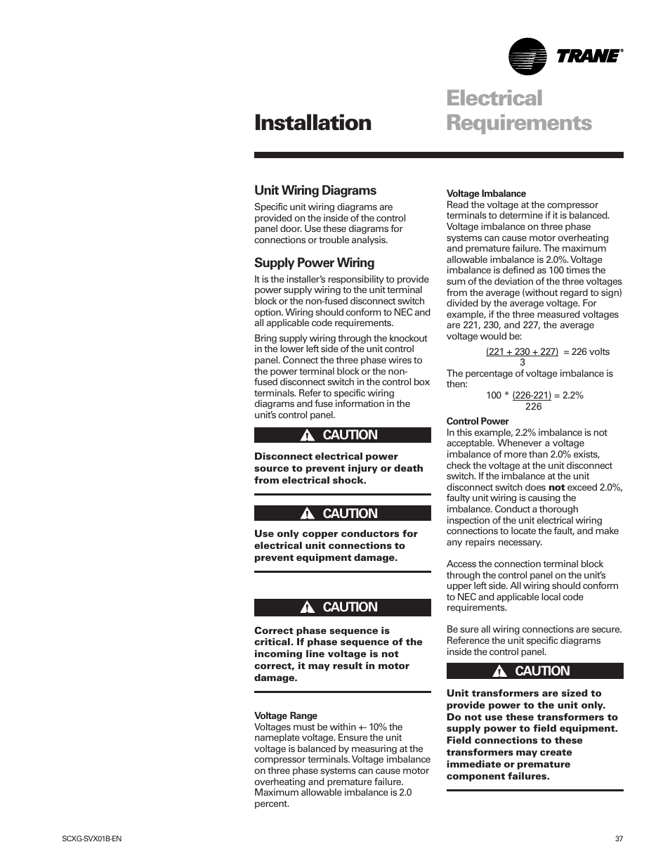 Electrical requirements, Installation | Trane IntelliPak SCWG 020 User Manual | Page 37 / 124