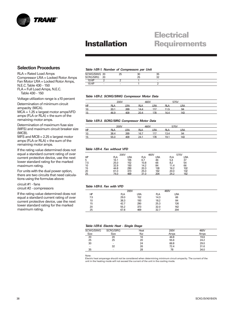 Electrical requirements, Installation, Selection procedures | Trane IntelliPak SCWG 020 User Manual | Page 38 / 124