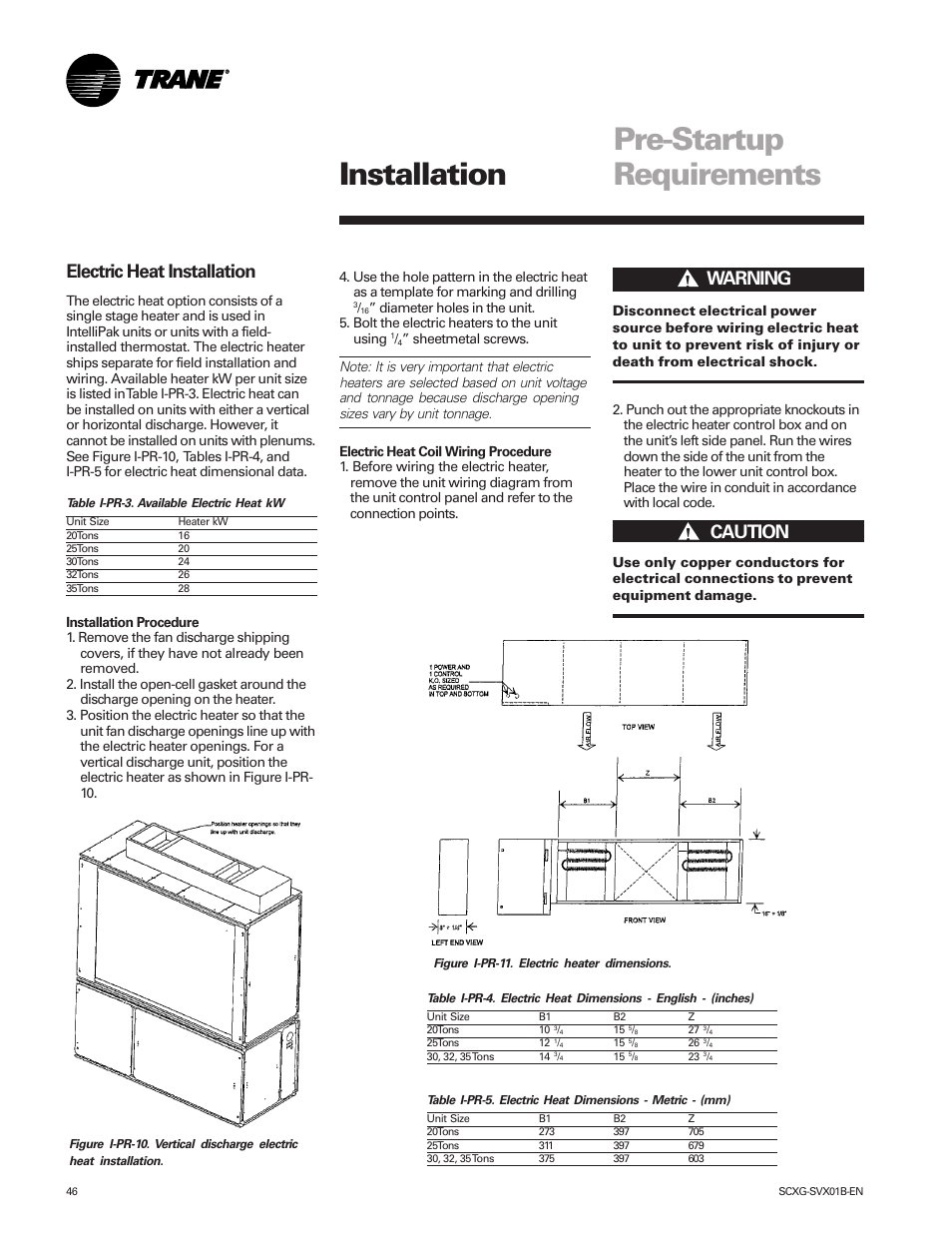 Pre-startup requirements installation, Electric heat installation, Ƽwarning | Ƽcaution | Trane IntelliPak SCWG 020 User Manual | Page 46 / 124