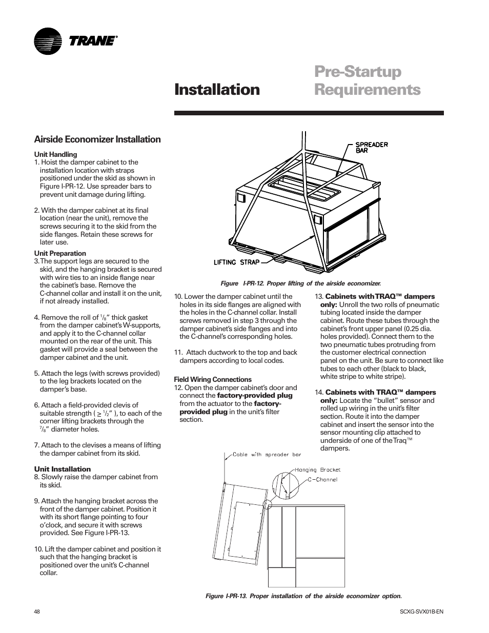 Pre-startup requirements, Installation, Airside economizer installation | Trane IntelliPak SCWG 020 User Manual | Page 48 / 124