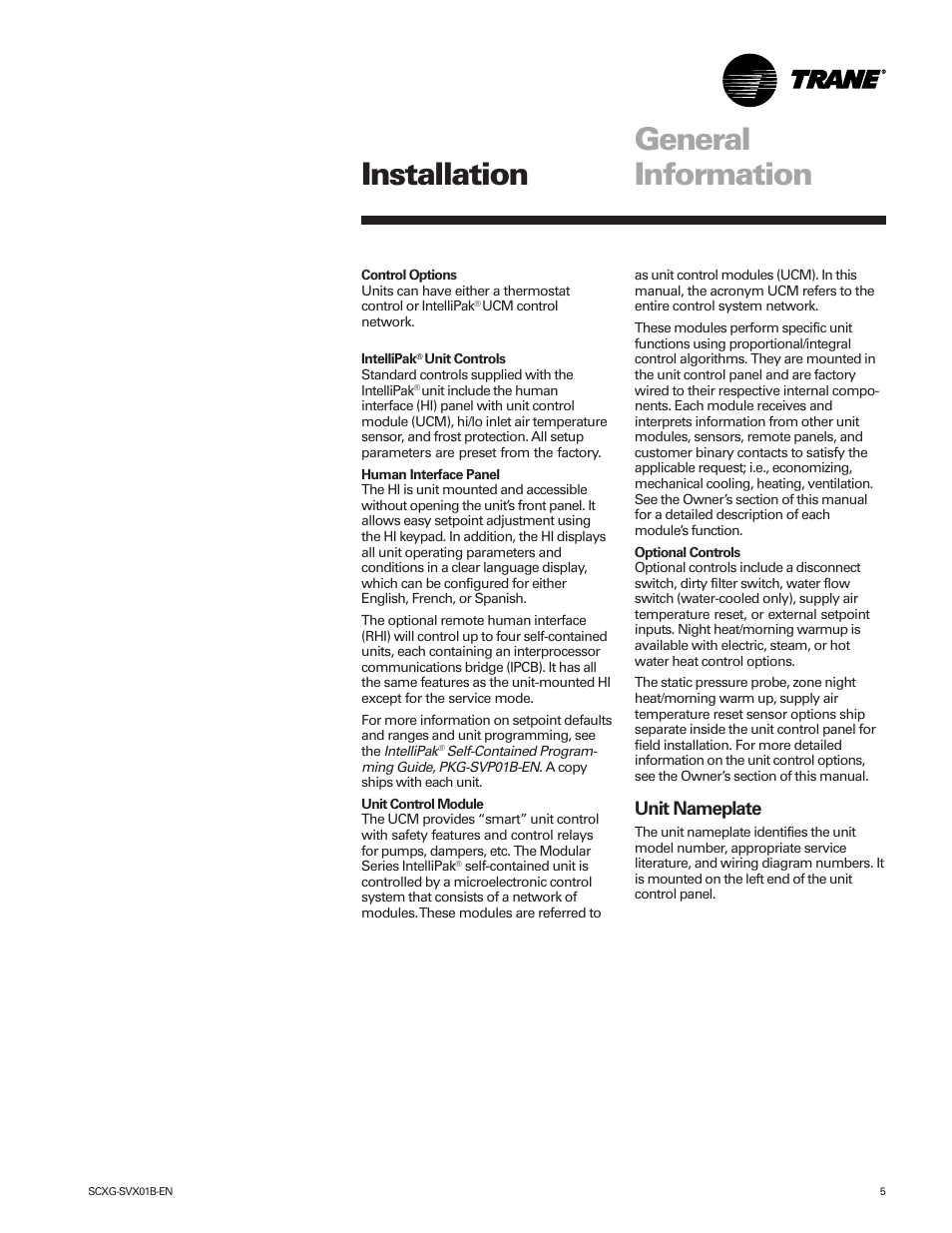 Installation, General information, Unit nameplate | Trane IntelliPak SCWG 020 User Manual | Page 5 / 124