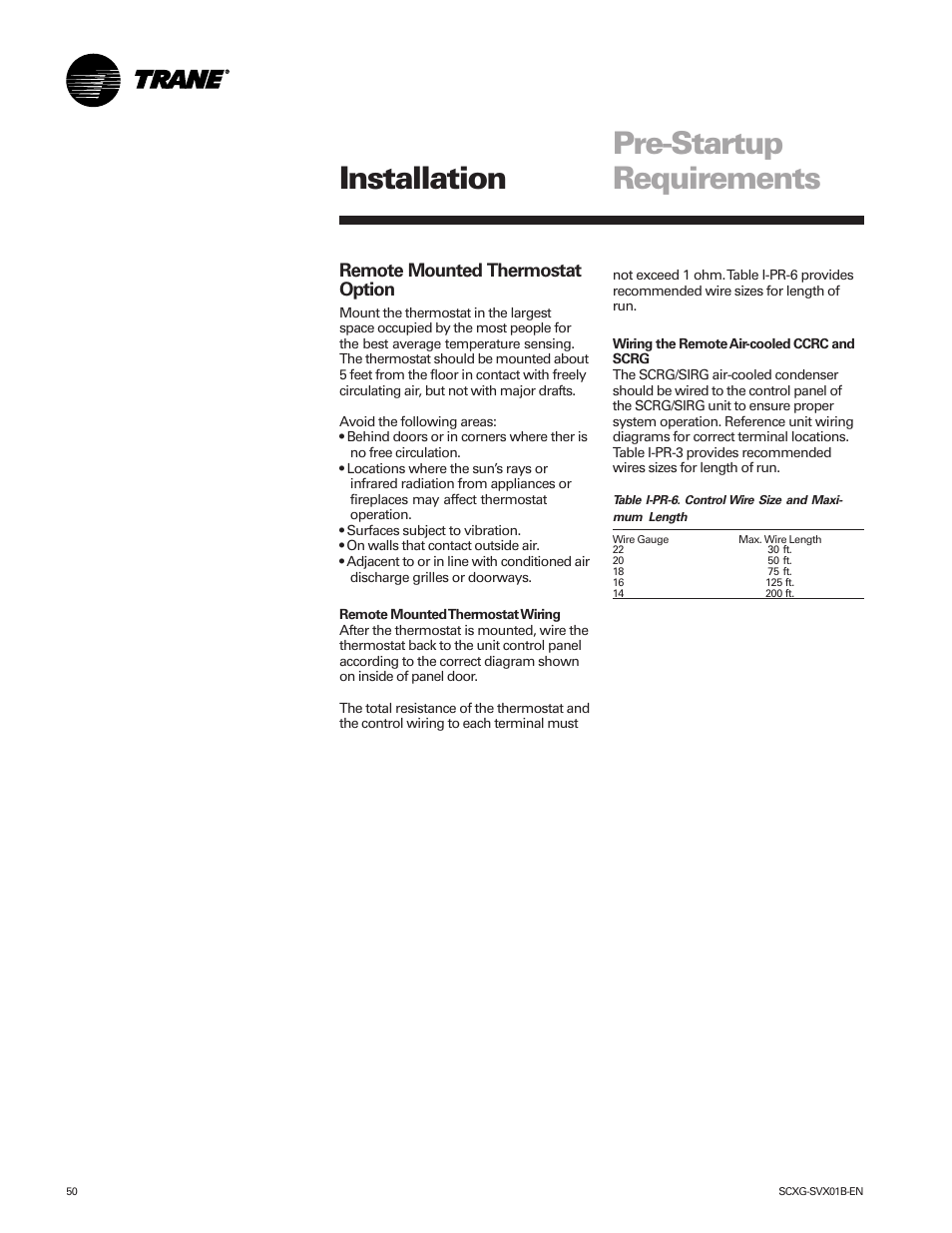 Pre-startup requirements installation, Remote mounted thermostat option | Trane IntelliPak SCWG 020 User Manual | Page 50 / 124