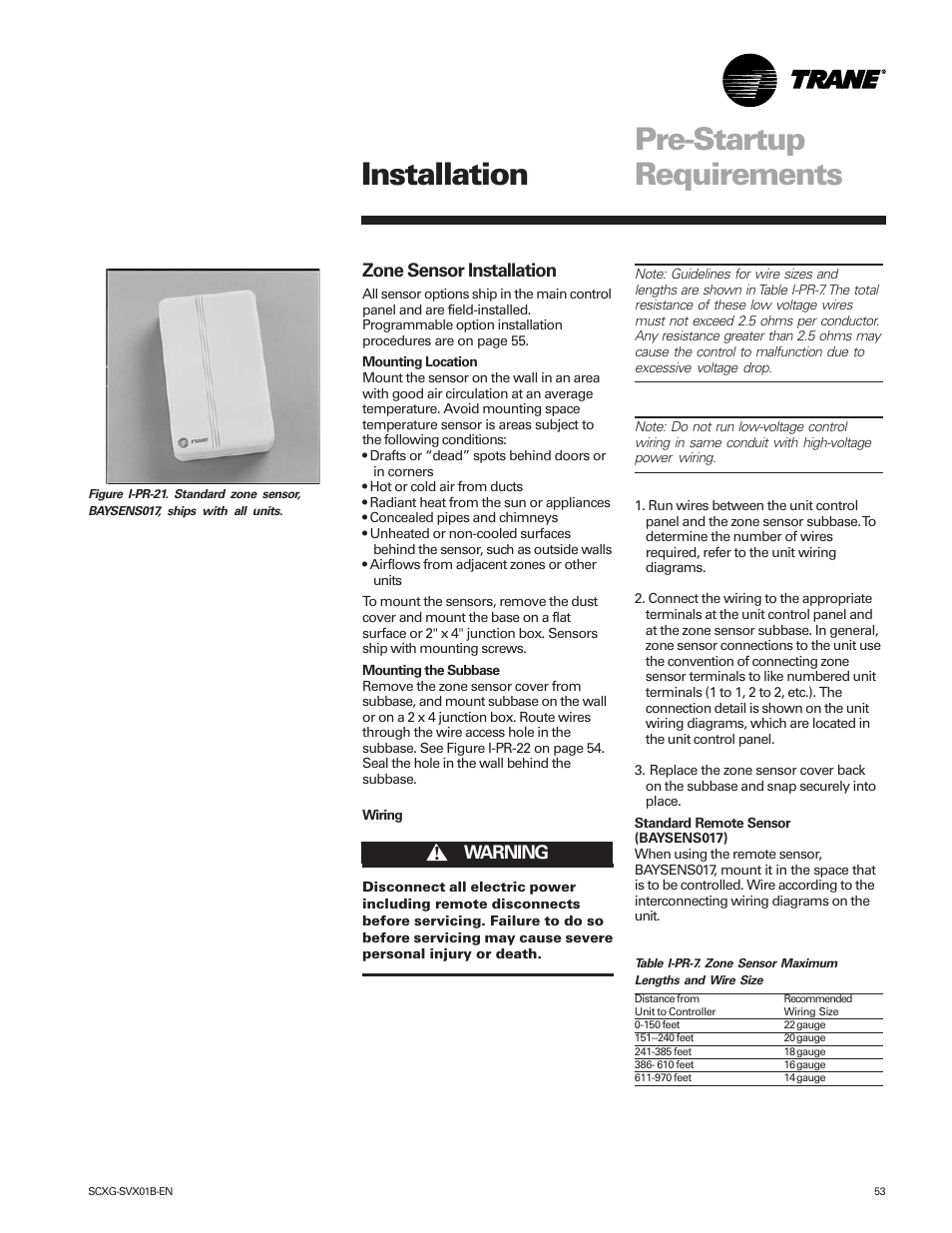 Pre-startup requirements, Installation, Zone sensor installation | Ƽwarning | Trane IntelliPak SCWG 020 User Manual | Page 53 / 124
