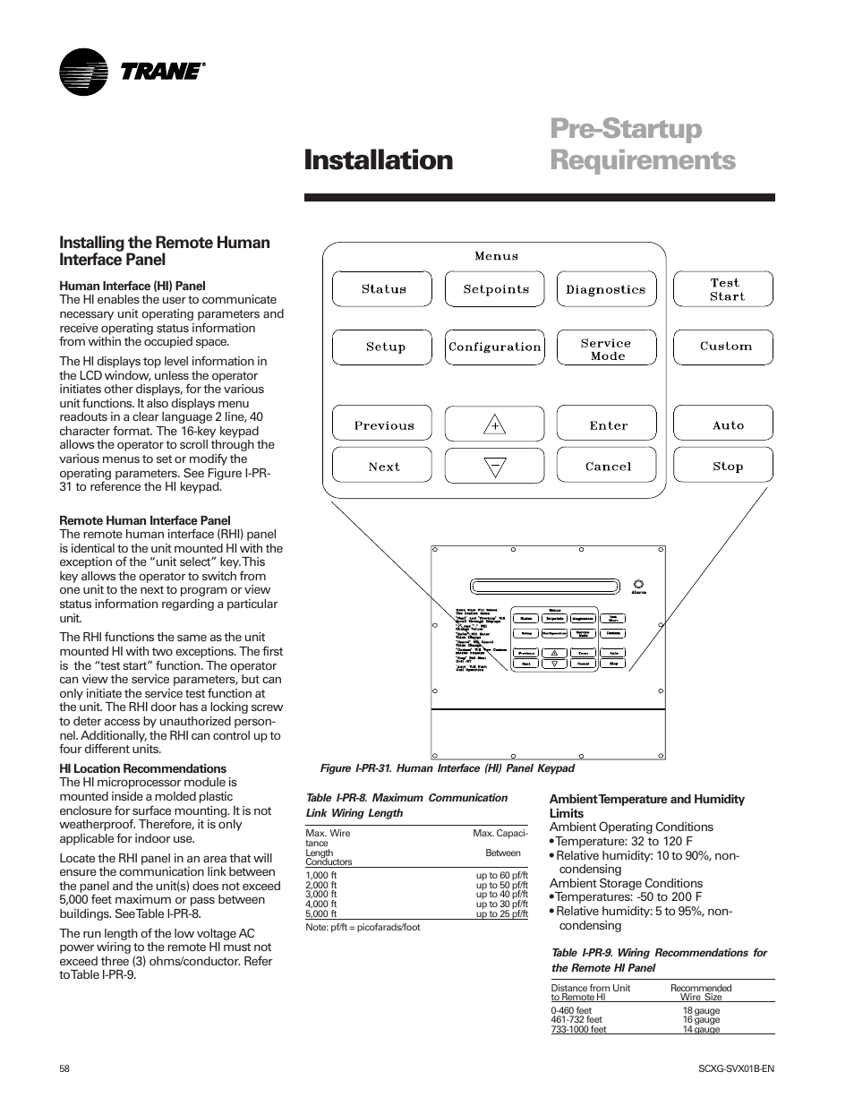 Pre-startup requirements, Installation, Installing the remote human interface panel | Trane IntelliPak SCWG 020 User Manual | Page 58 / 124